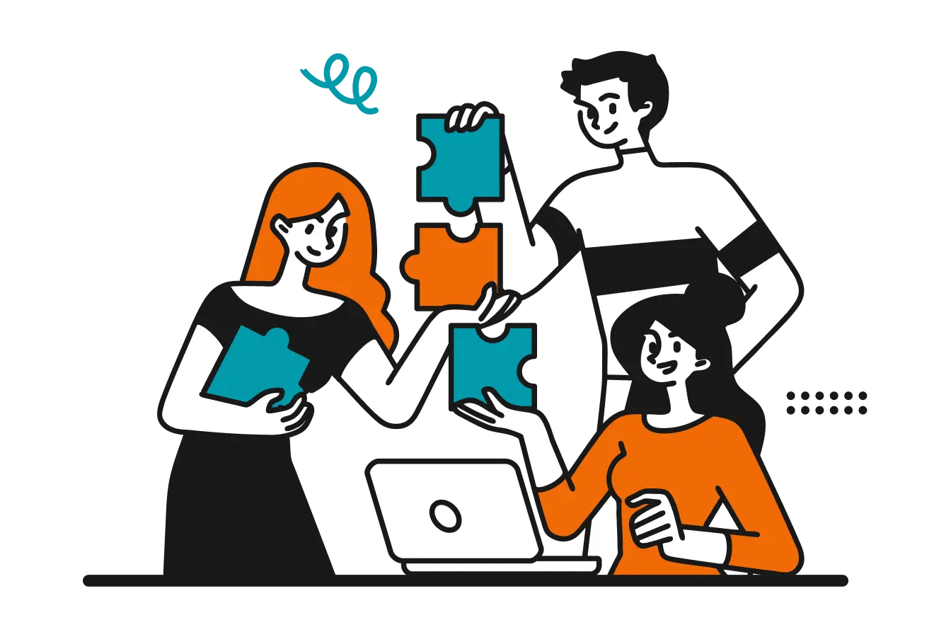 PCを囲んで話し合う男女のイラスト